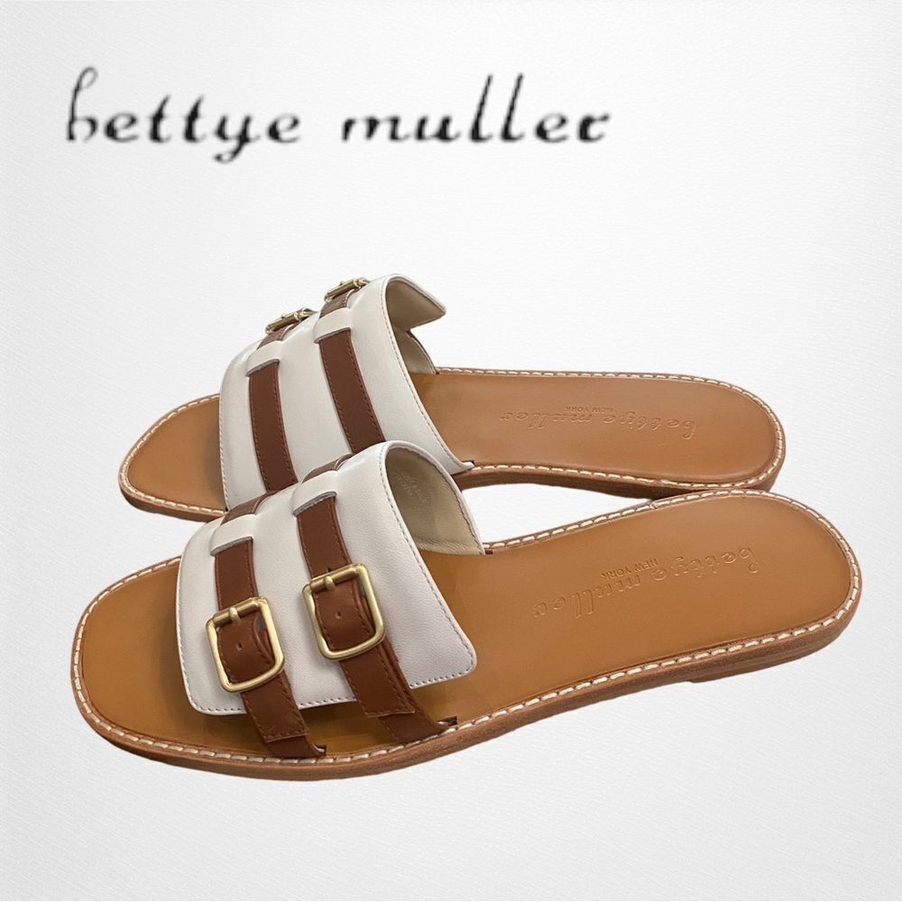 BETTYE MULLER New York Karson White Tan Women's Leather Slide Sandals NEW 9